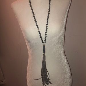 Sonya Renee gemstone necklace with leather fringe